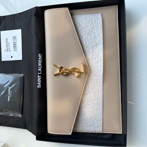 Beige YSL (Yves Saint Laurent) Envelope Clutch with Dust Bag and Box